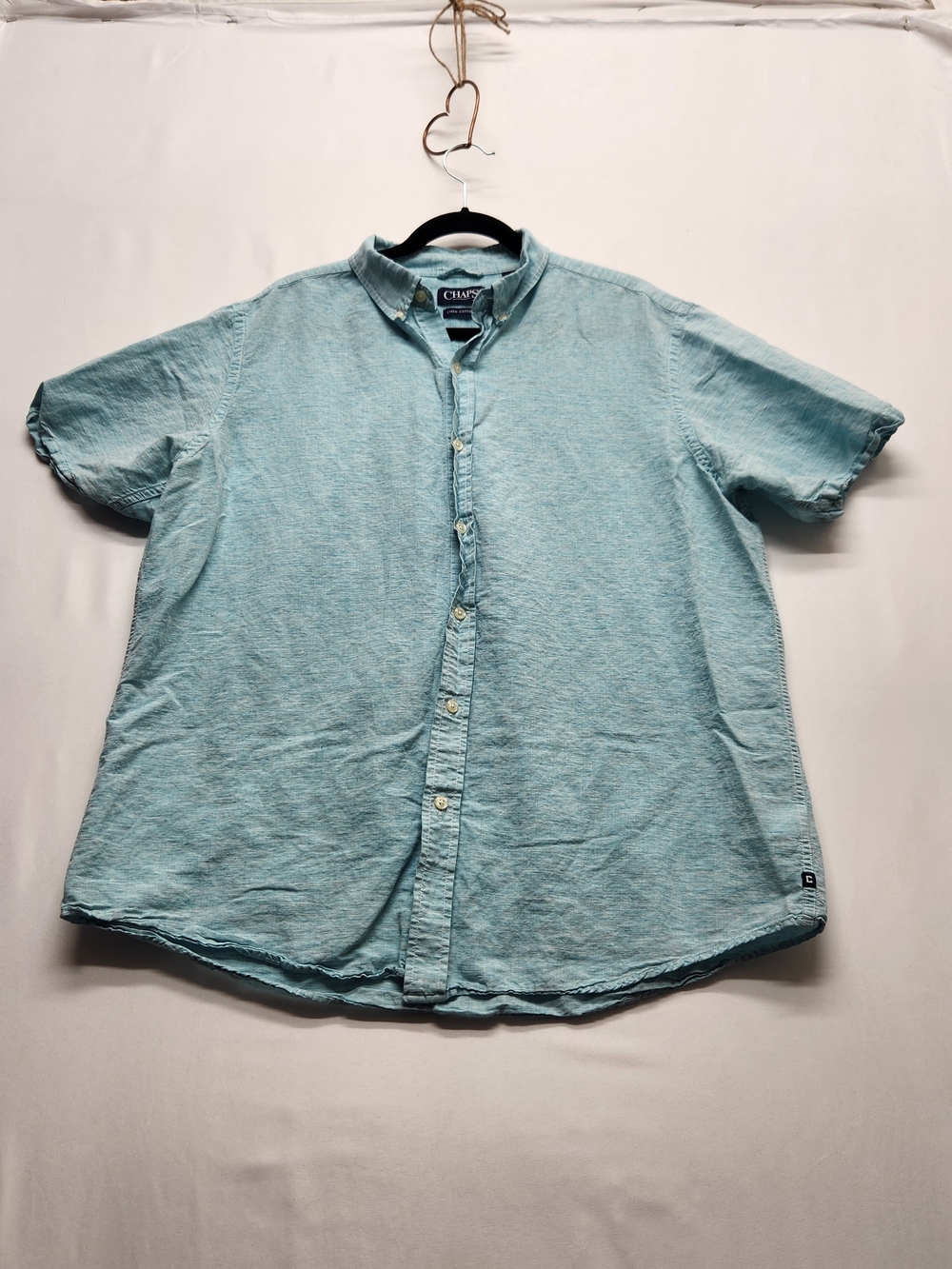 ⭐️Chaps Mens Aqua XL Blue Linen Cotton Blend Button Down Shirt Short Sleeve